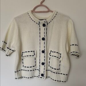 Women's Zara Cream Cardigan Sweater with Dark Blue Accents